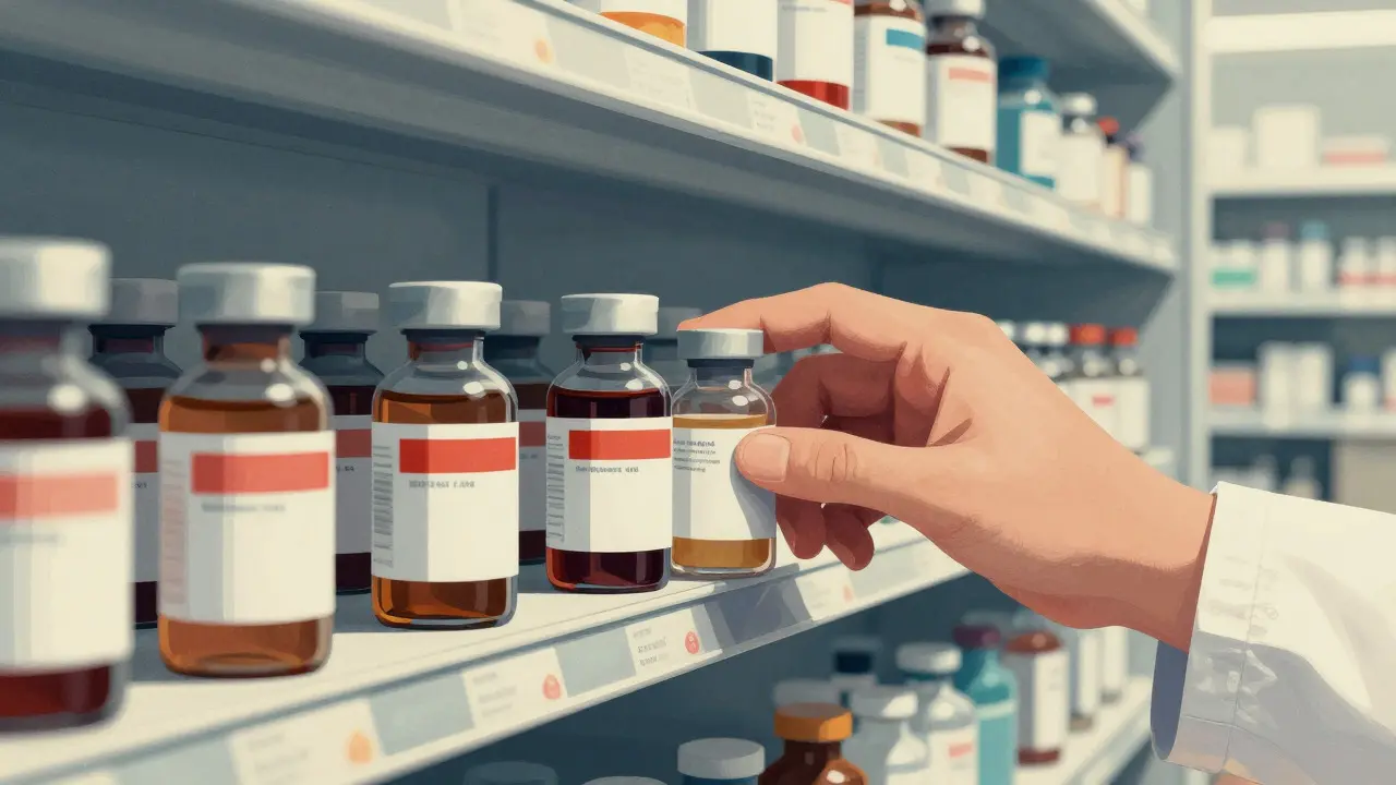 Pharmacist reaching for vials on a crowded shelf with look-alike drugs.