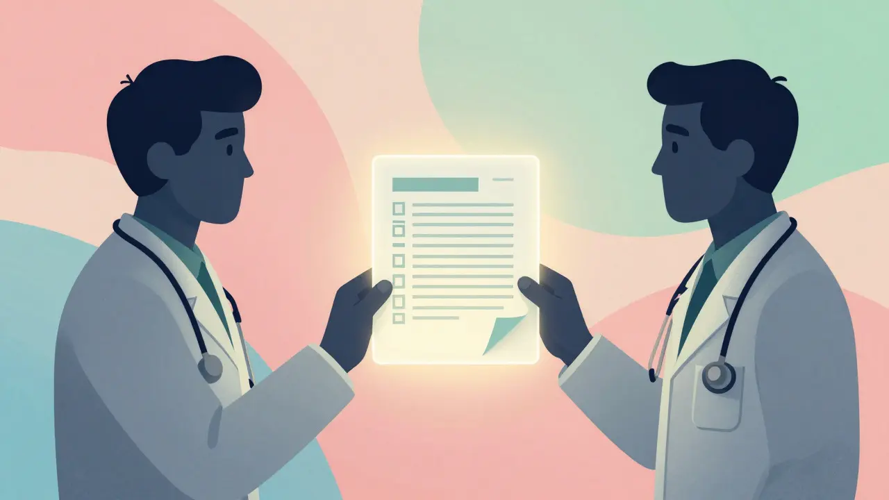 Retro cartoon showing a patient bridging two doctors with a glowing medication list