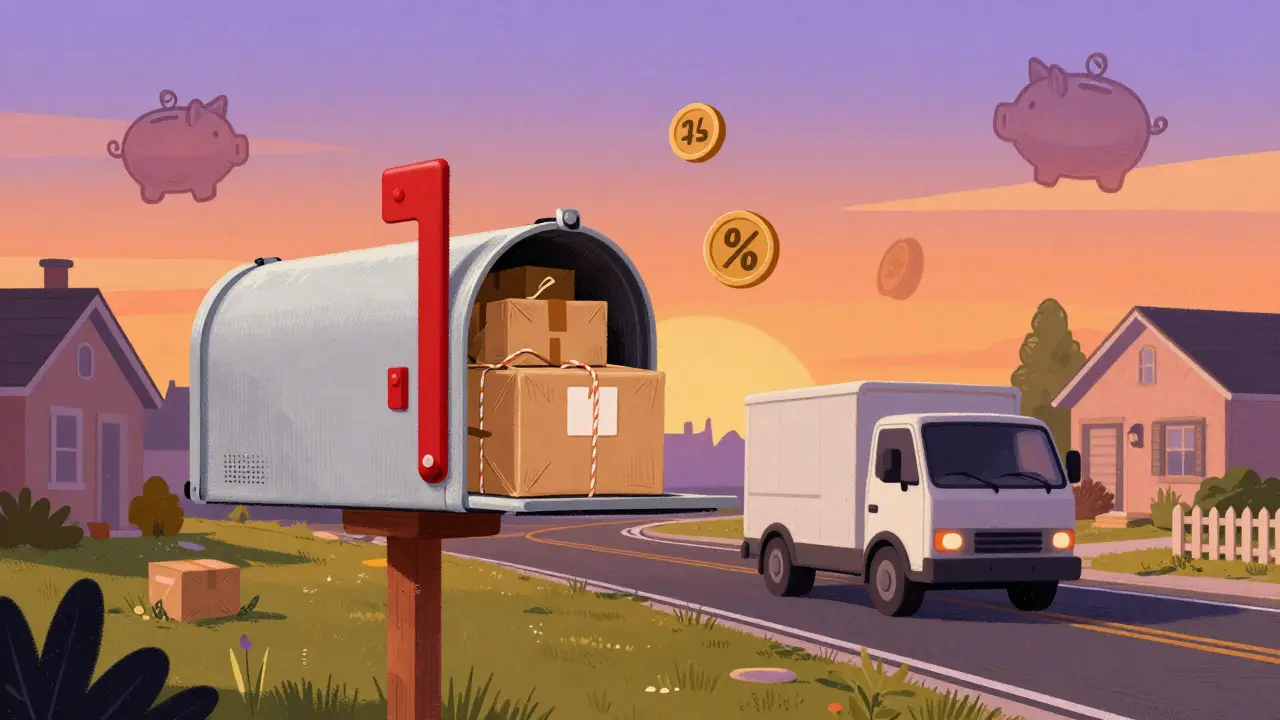 Retro delivery truck bringing affordable generic medication packages to a suburban home.