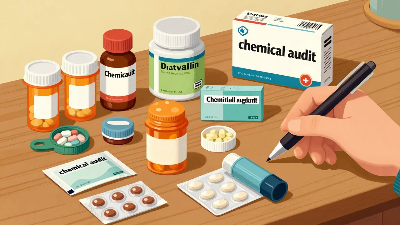 Vintage-style illustration of various medications and supplements arranged on a table