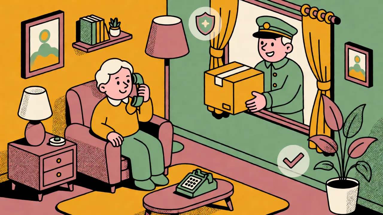 Elderly person receiving delivered meds via phone consult in retro home.