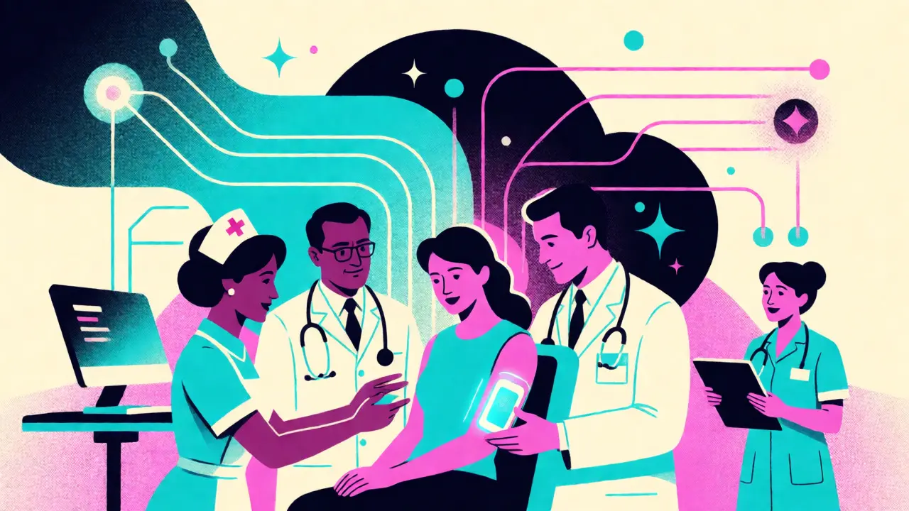 Healthcare team using futuristic wearable tech for remote heart failure monitoring