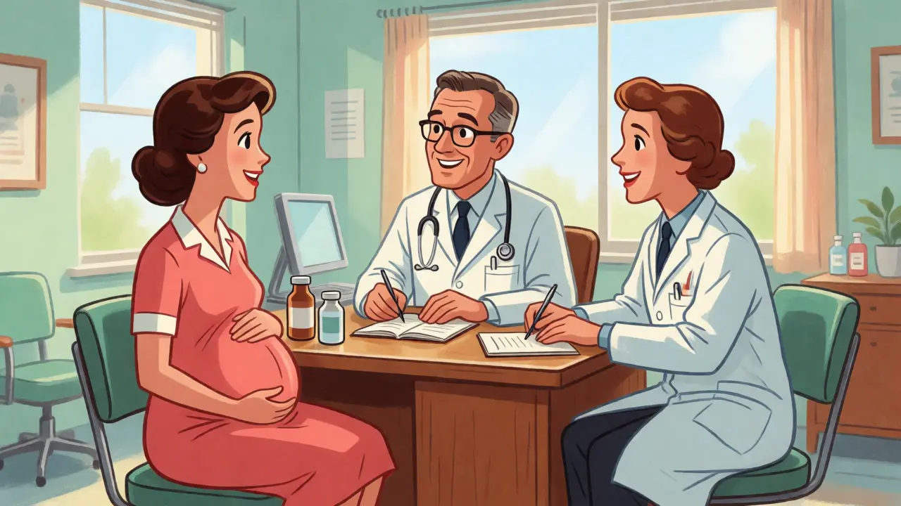 Pregnant woman consulting with a doctor and pharmacist in a retro-style office.