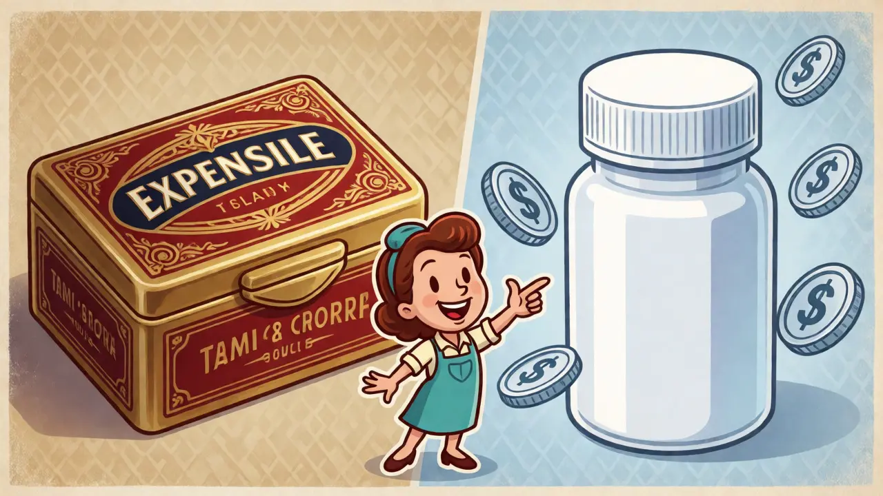Retro cartoon comparing expensive brand pills with affordable generic options.