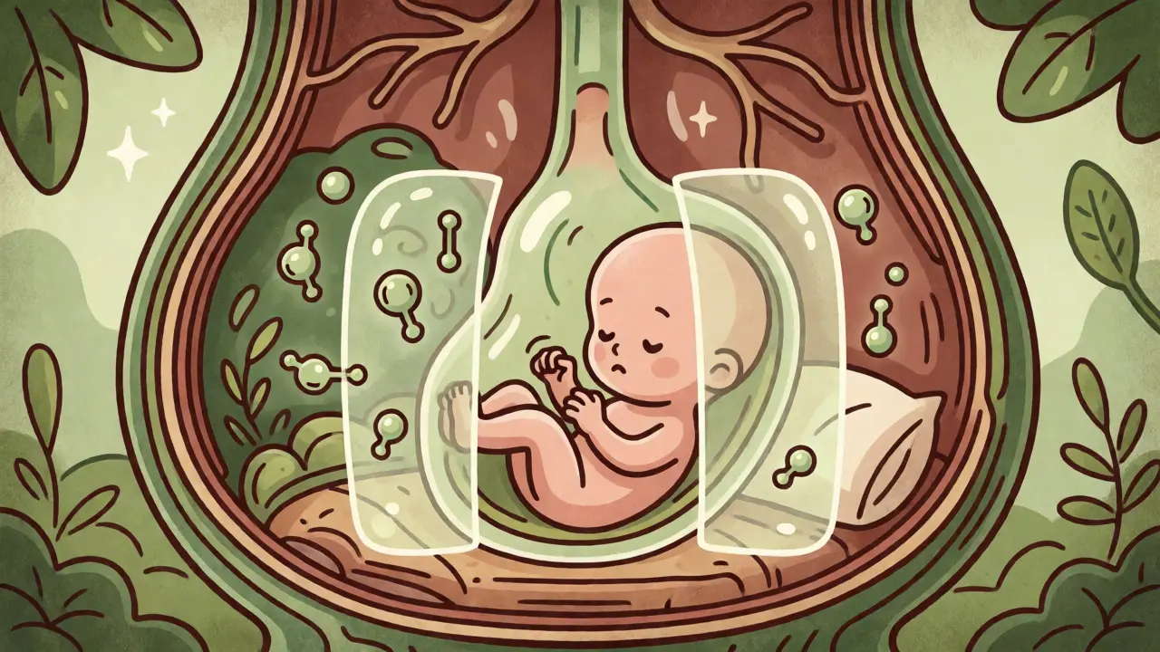 Stylized cross-section of a womb showing placental barriers against floating molecules.